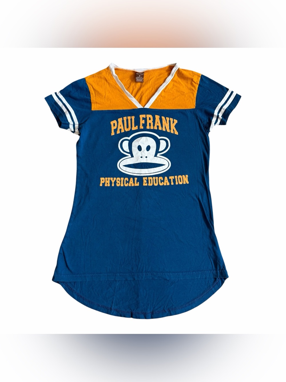 VTG Y2K Paul Frank Women’s Physical Ed. V-neck Ringer T Shirt Sz S Julius Monkey